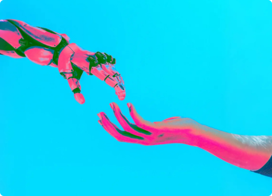 Abstract image of hands reaching towards each other with digital effects